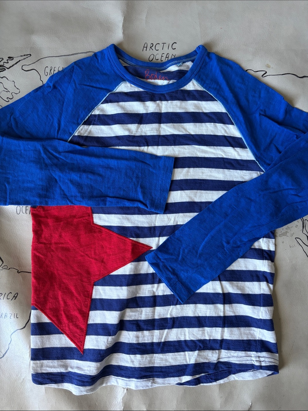 Mini Boden Blue & White Striped Long-Sleeve Tee with Red Star